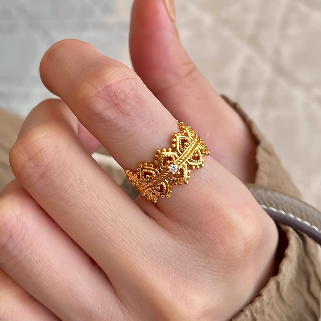 Boho Crown Open Ring with Rhinestone Accents